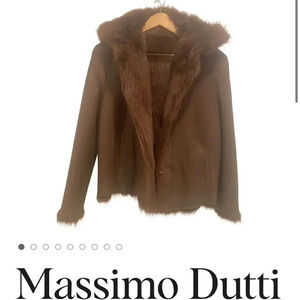 Massimo Dutti Women's Brown Leather Pea Coat with Faux Fur Hood Size xs